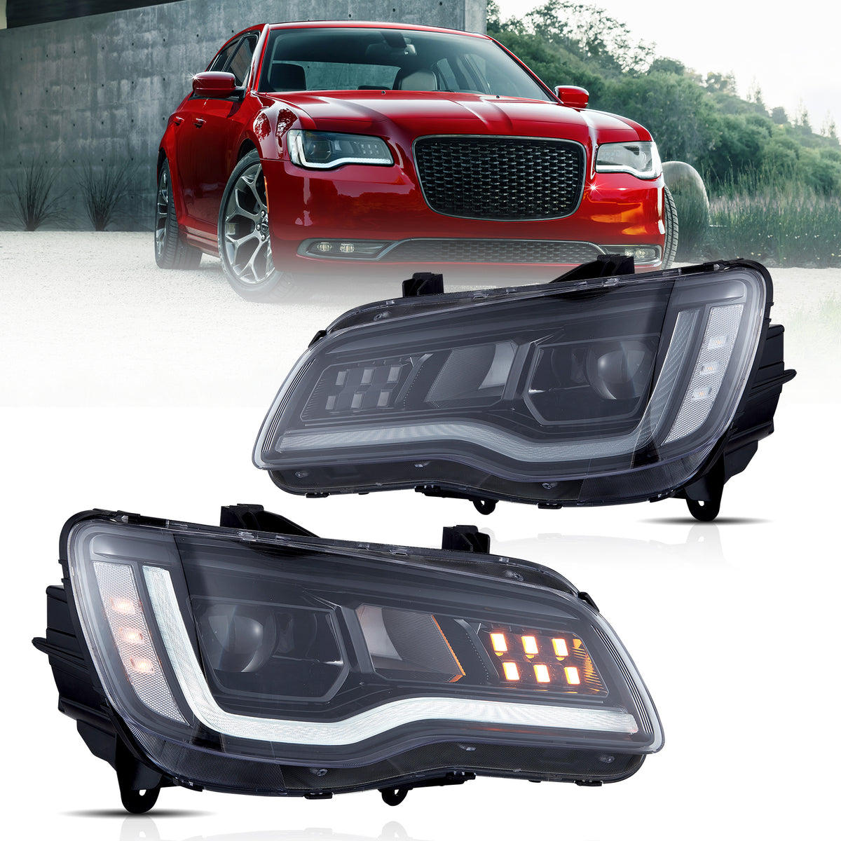 Right Passenger Side LED DRL Headlight Assembly For Chrysler 300 (2011-2023) - Clear Lens, Black Housing, Direct Fit Replacement