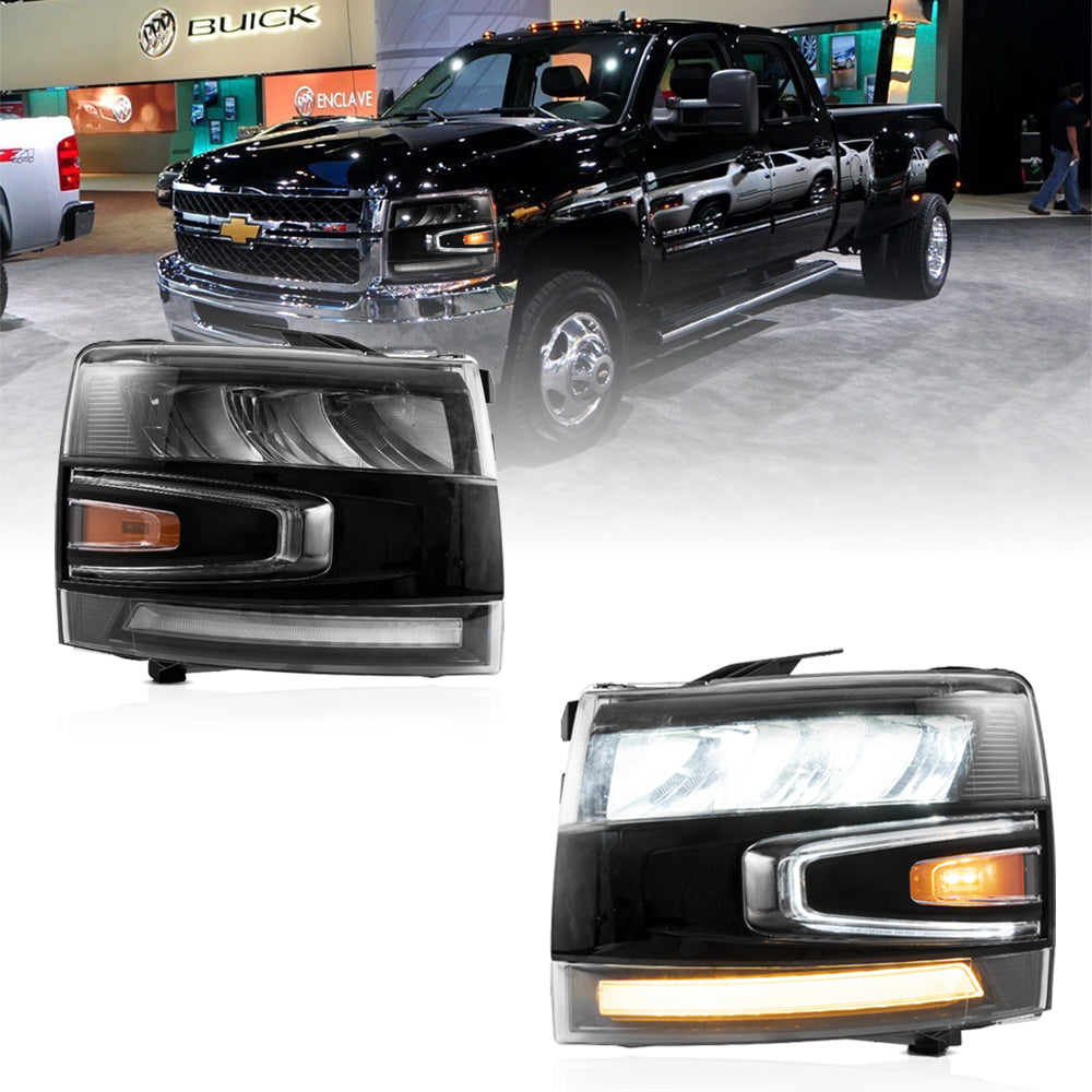 Black Housing Headlights Pair – For Chevy Silverado 1500 2500HD 3500HD 2007-2014