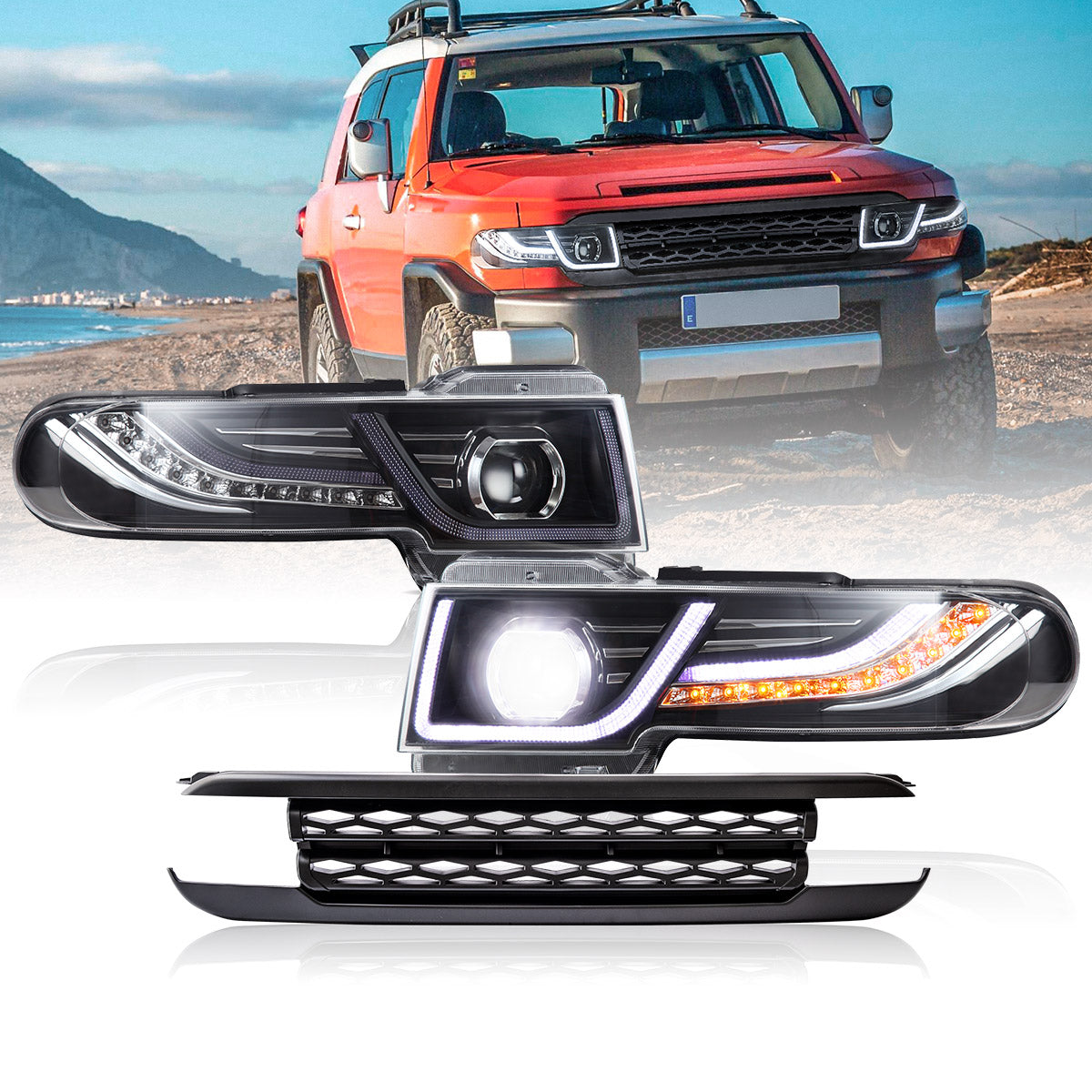 VLAND LED Headlights With Grille for Toyota FJ Cruiser 2006-2022 Land Rover Style