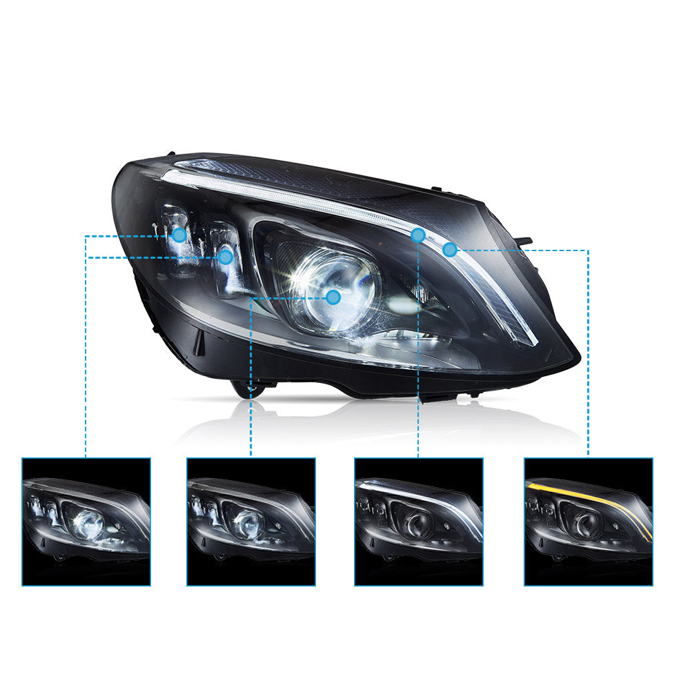 VLAND LED Headlights For 2015-2021 Mercedes Benz C-Class W205 With Blue DRL