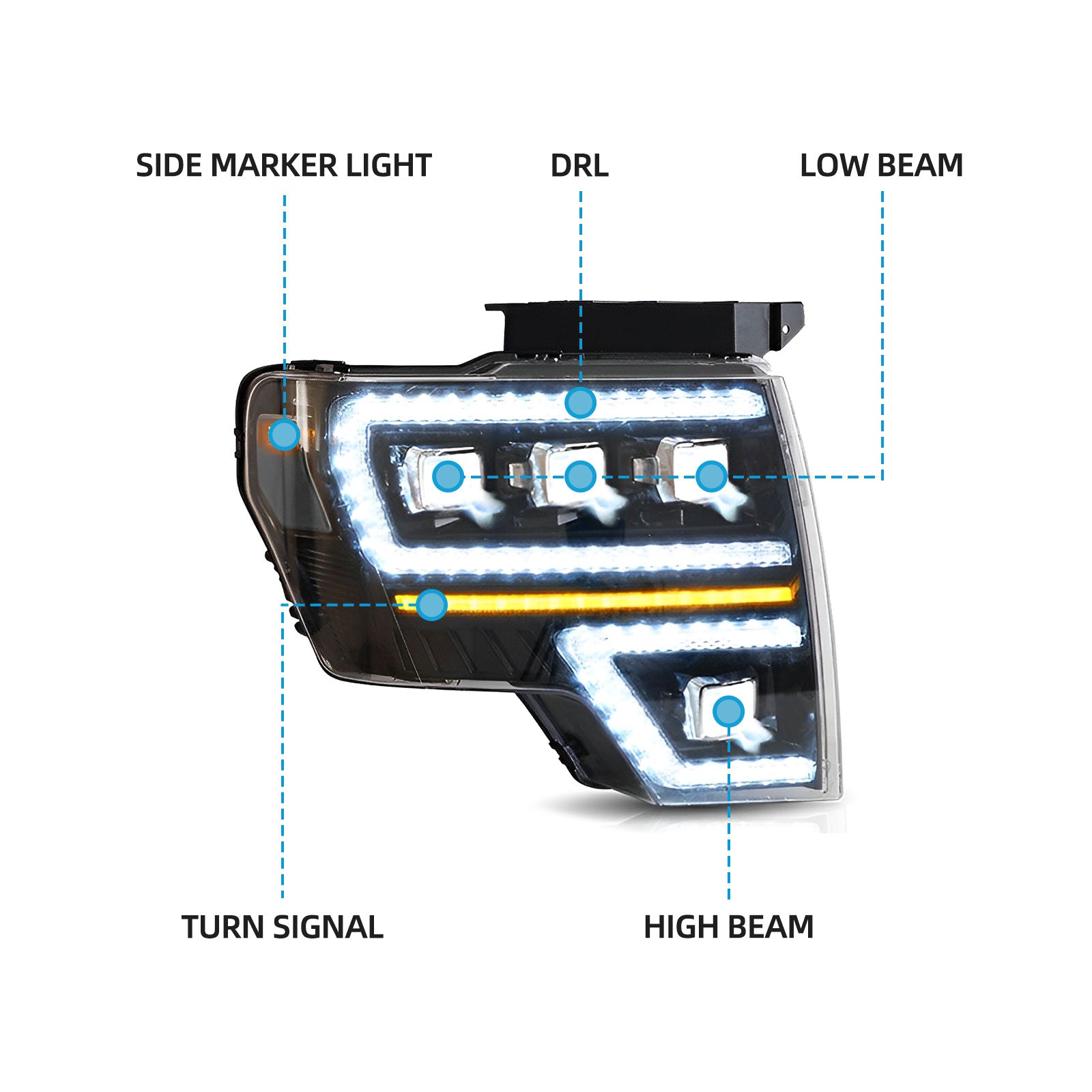 LED DRL Tube Headlights For 2009-2014 Ford F-150 – Chrome Housing, Halogen Projector