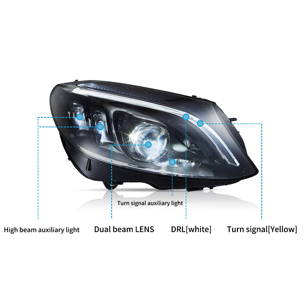 VLAND LED Headlights For 2015-2021 Mercedes Benz C-Class W205 With Blue DRL