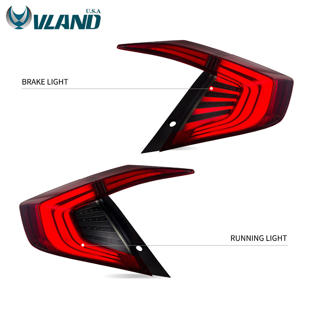 VLAND LED Smoked Tail Lights For Honda Civic 10th Gen 2016-2018 4PCS