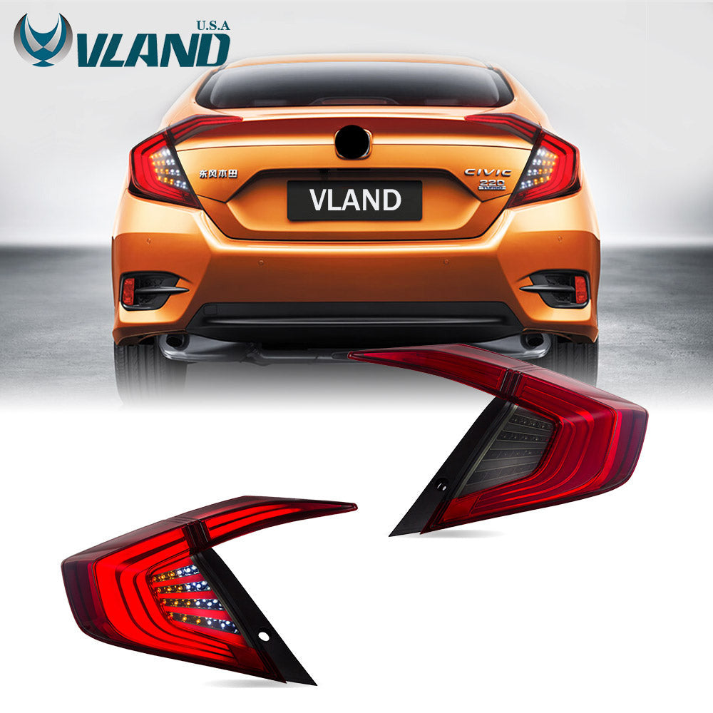 VLAND LED Smoked Tail Lights For Honda Civic 10th Gen 2016-2018 4PCS